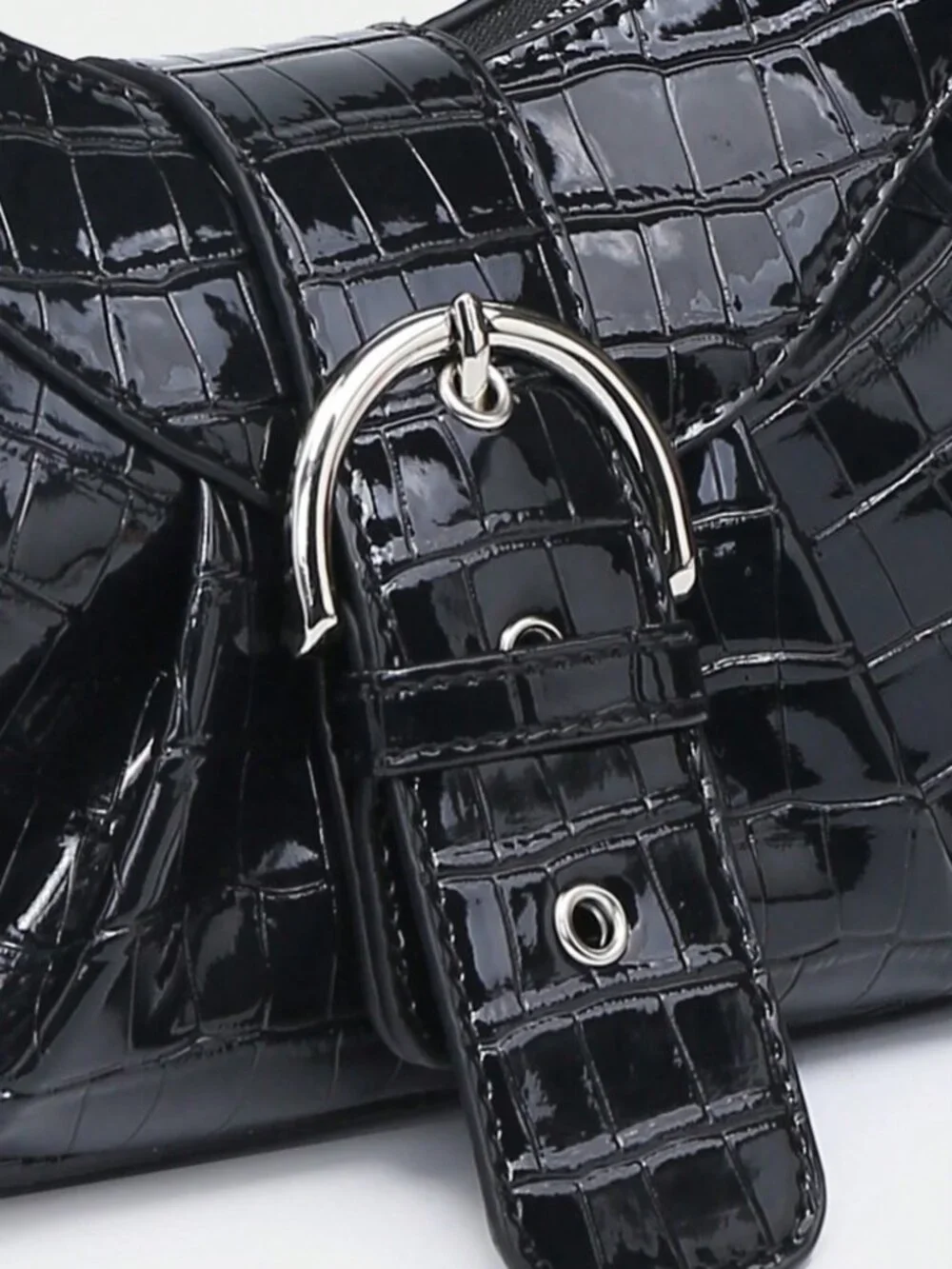 Black Studded Baguette Bag Y2K Punk Vegan Leather Zip Shoulder Purse